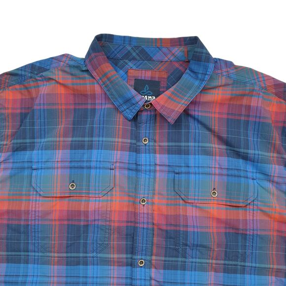 prAna Cayman Plaid Shirt Mens XXL Island Blue Short Sleeve Nylon Outdoor UPF - Picture 4 of 10